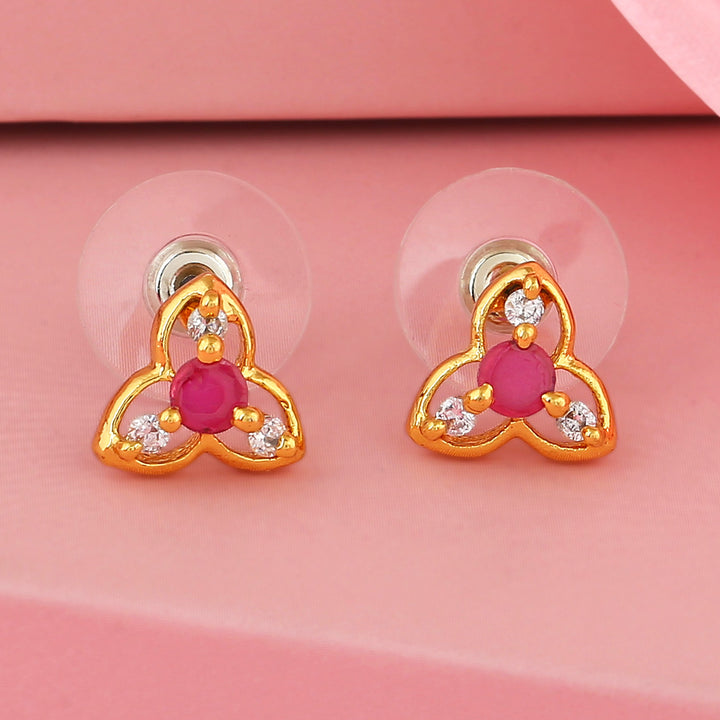 Estele Gold Plated CZ Floral Stud Earrings with Ruby Stones for Women