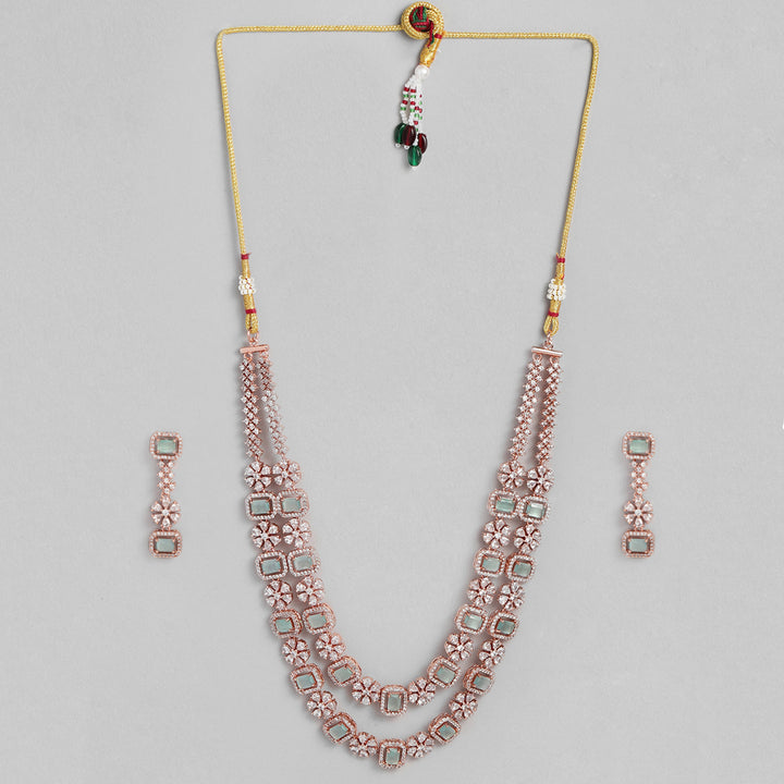Estele Rose Gold Plated CZ Ravishing Necklace Set with Mint Green Stones for Women