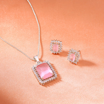 Estele Rhodium Plated CZ Square Designer Pendant Set with Mint Pink for Women