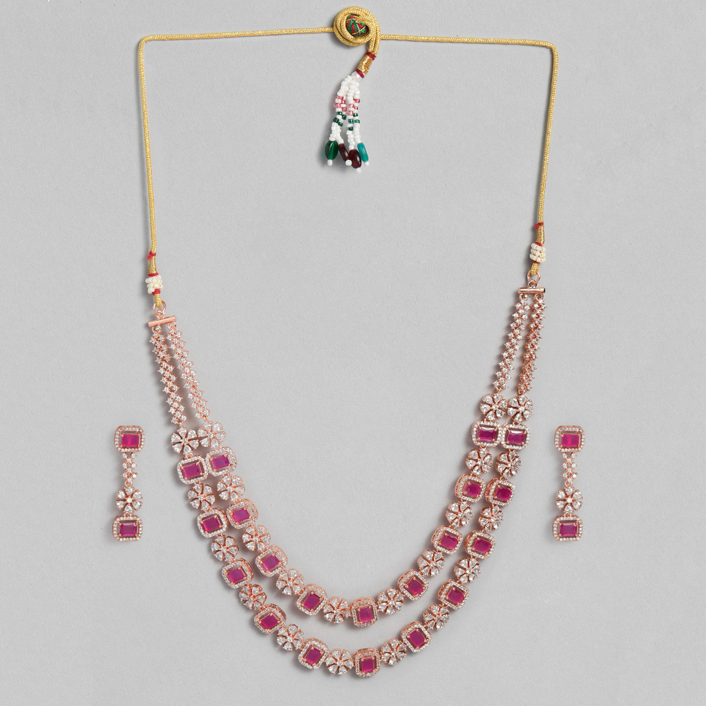 Estele Rose Gold Plated CZ Sparkling Two Layered Dulhan Necklace Set with Ruby Stones for Women