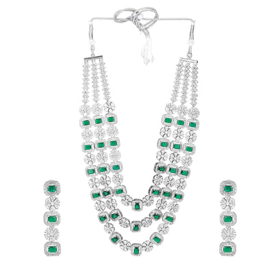 Estele Rhodium Plated CZ Dazzling Designer Three Layered Necklace Set with Green and White Crystals for Women