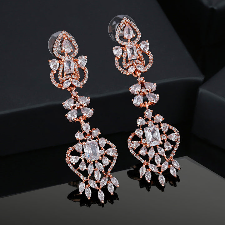 Estele Rose Gold Plated CZ Magnificent Drop Earrings with White Crystals for Women