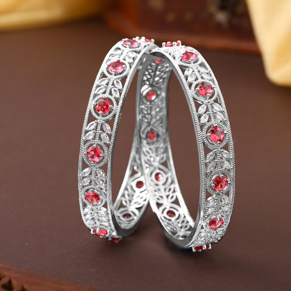 Silver Finish Designer Bangles|Size 2.6|Ruby CZ Sparkle|Perfect for Weddings & Festivals-OSAK008-IRRB26 BANGLE