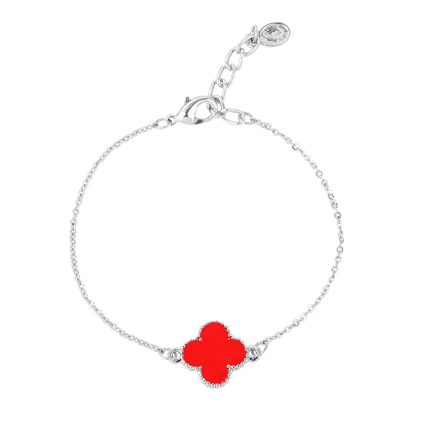 Estele Rhodium Plated Latest Fashionable Single Red Clover Leaf Designer Adjustable Bracelet for Girls and Women