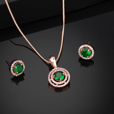 Estele Rose Gold Plated CZ Circular Designer Pendant Set with Green Stones for Women