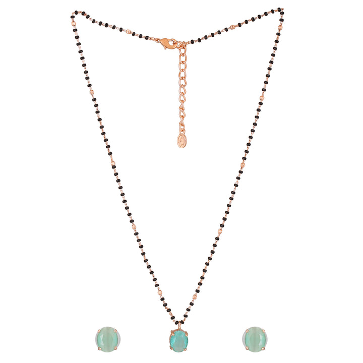 Estele Rose Gold Plated CZ Round Designer Necklace Set with Mint Green Stones for Women