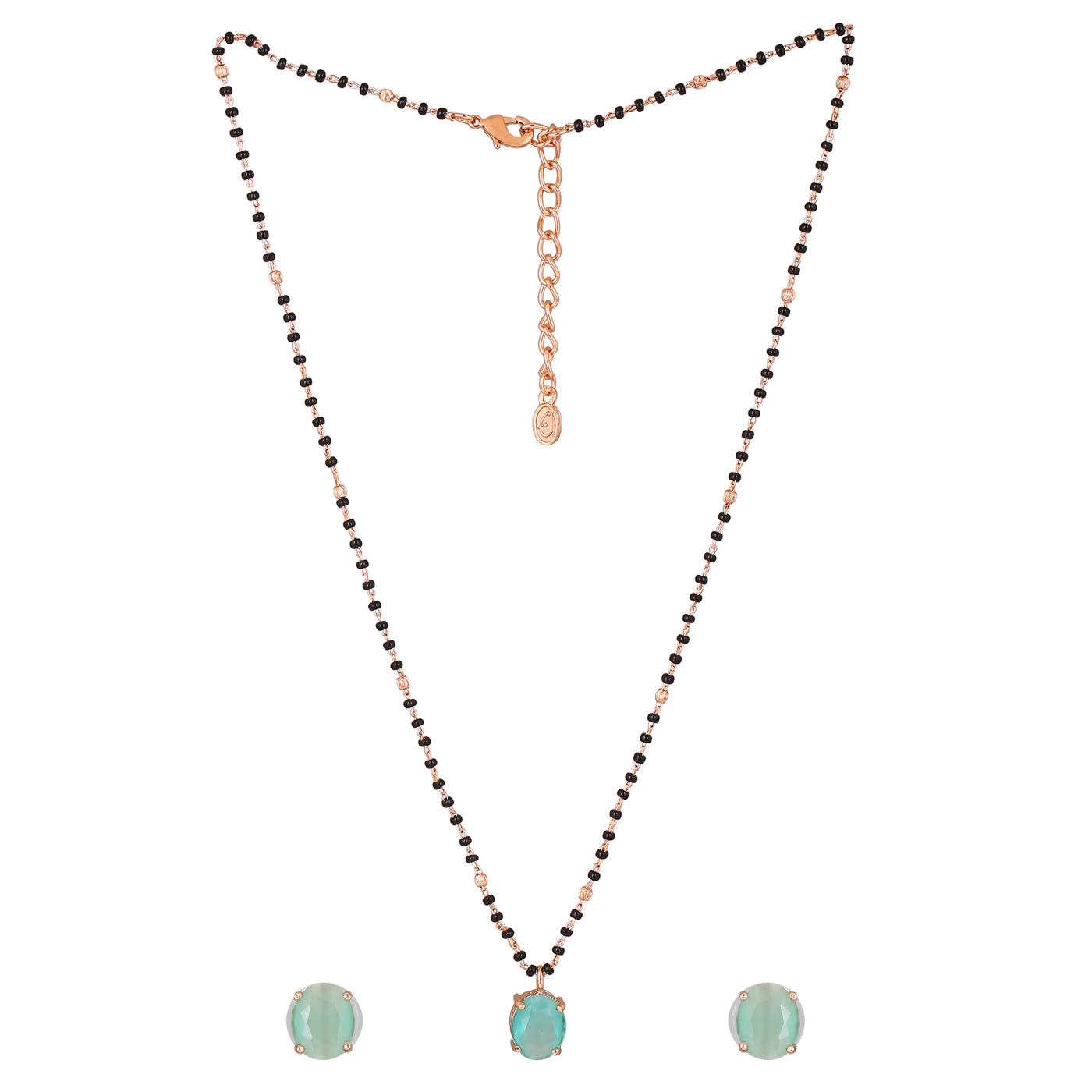 Estele Rose Gold Plated CZ Round Designer Necklace Set with Mint Green Stones for Women