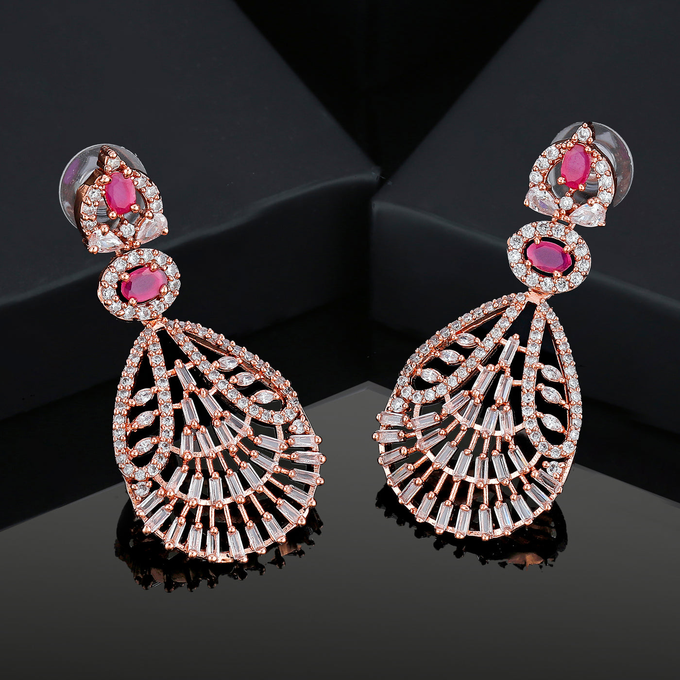 Estele Rose Gold Plated CZ Dazzling Designer Earrings with Ruby Crystals for Women