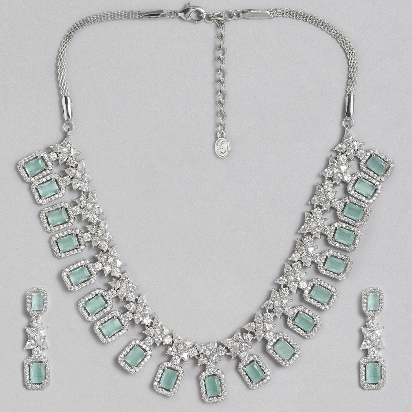 Estele Rhodium Plated CZ Gorgeous Necklace Set with Mint Green Stones for Women