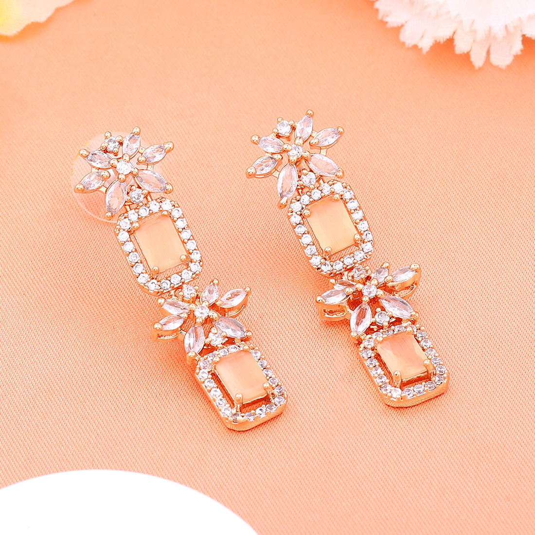 Estele Rose Gold Plated CZ Scintillating Drop Earrings with Mint Orange Crystals for Women