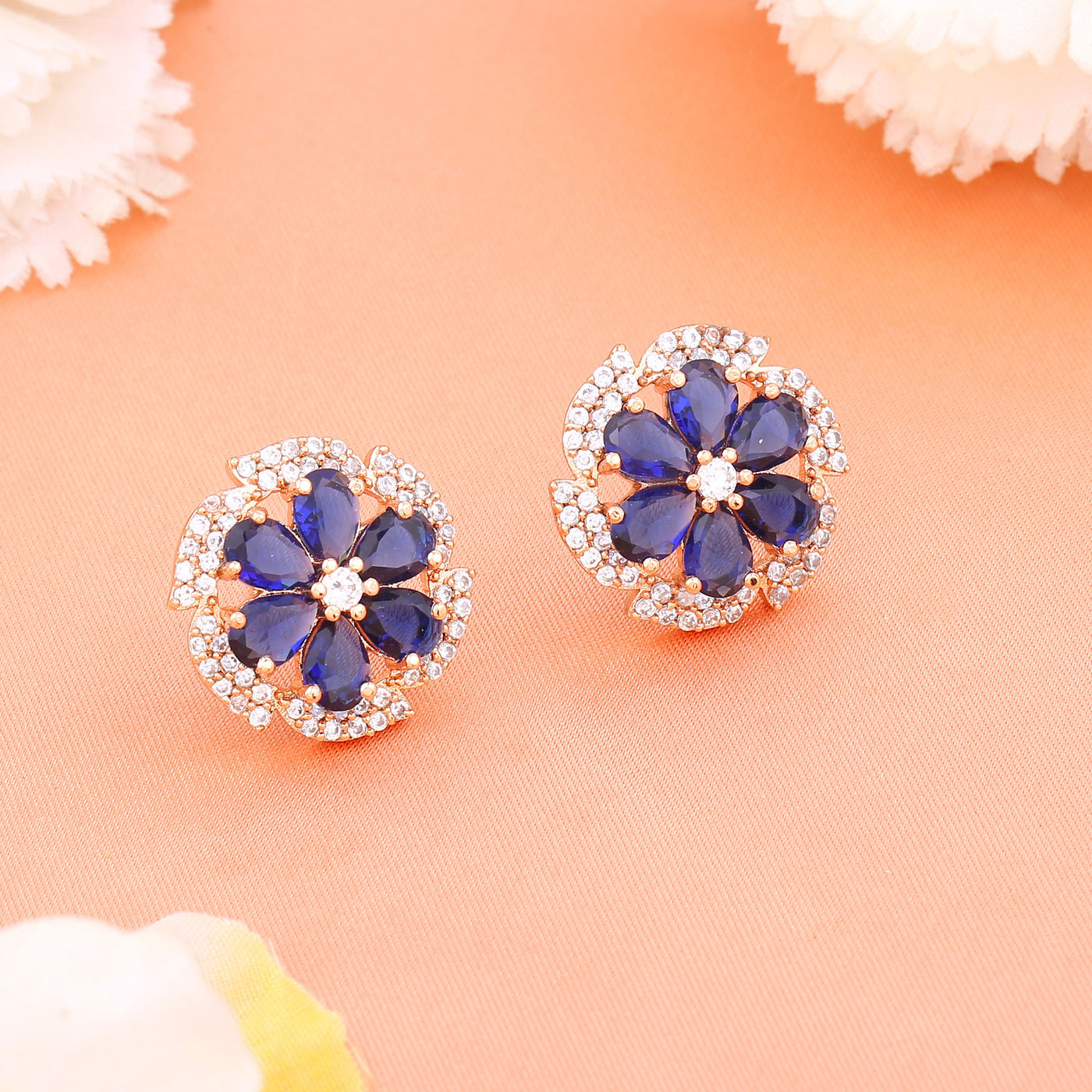 Estele Rose Gold Plated CZ Floral Designer Stud Earrings with Blue Stones for Women