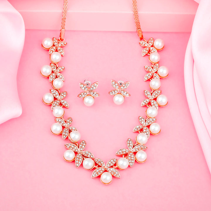 Estele Rose Gold Plated Flower Designer Necklace Set with Crystals for Women
