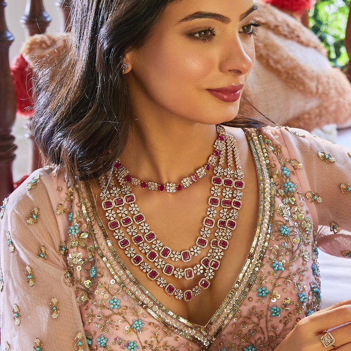Estele Rose Gold Plated CZ Scintillating Dulhan Combo Necklace Set with Ruby Stones for Women(Set of 2)