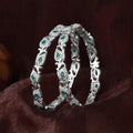 Estele Rhodium Plated Vintage-Inspired Floral & Leafy Designer 2:6 Size Bangles with Green Crystals| Traditional Elegance for Women