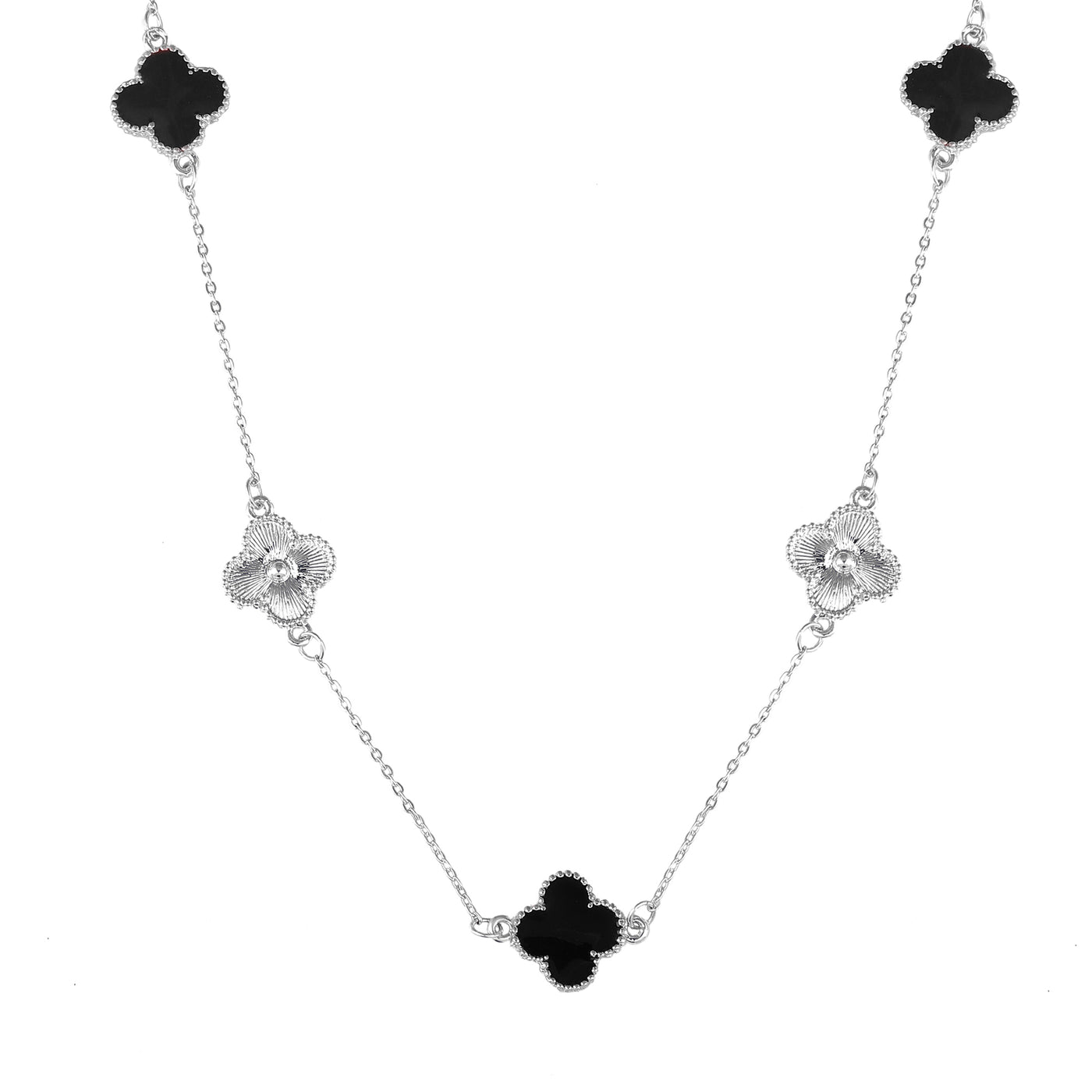 Estele Rhodium Plated Captivating Black Enamel Four Leafy Designed Long Pendant Necklace with Adjustable Chain for Women and Girls