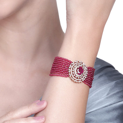 Estele Rose Gold Plated CZ Gorgeous Multi-Layered Bracelet with Ruby Stones for Women