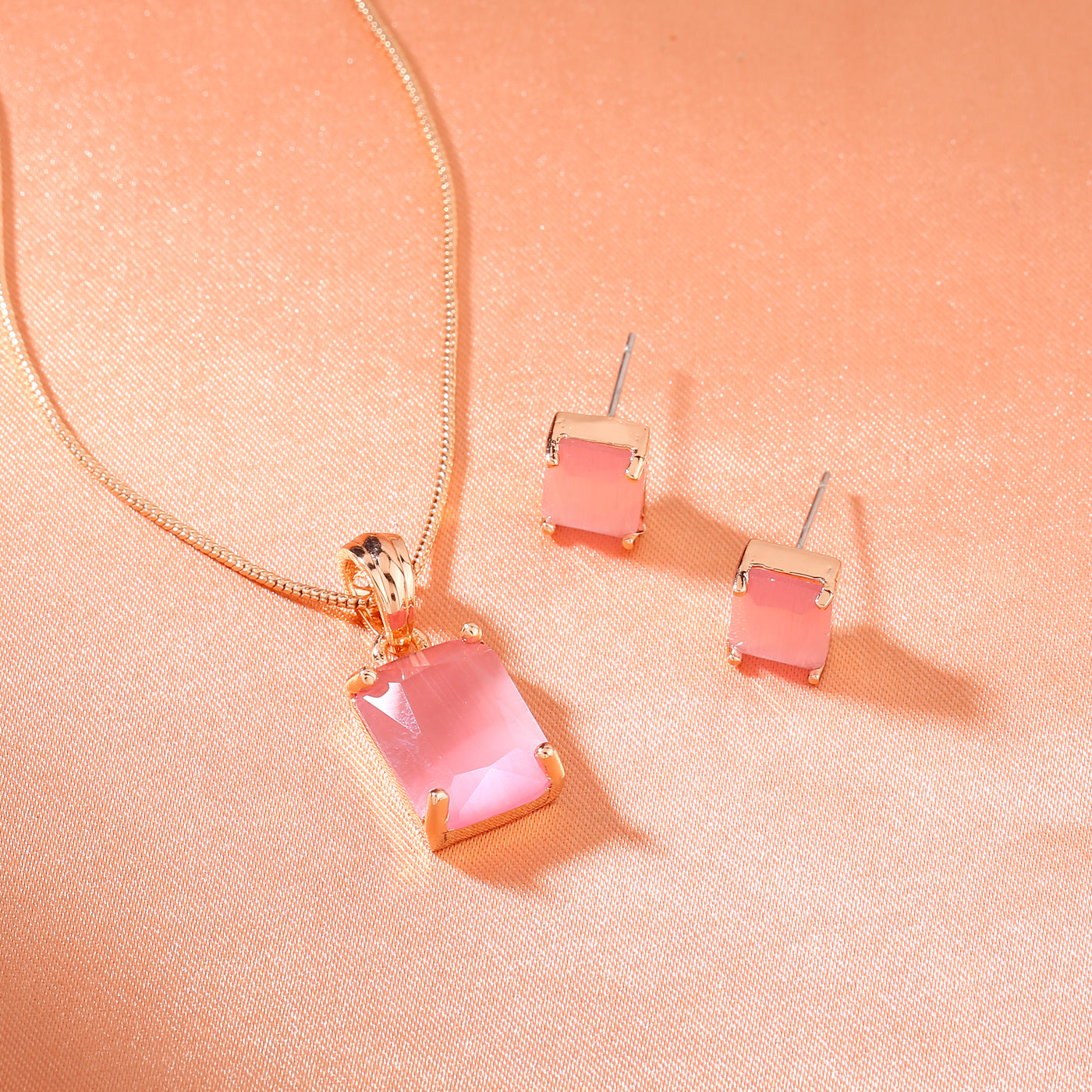 Estele Rose Gold Plated CZ Square Designer Pendant set with Mint Pink Stones for Women