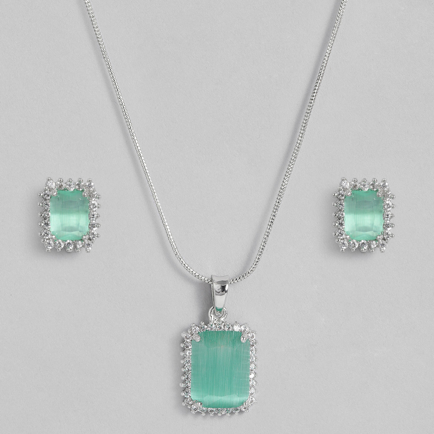 Estele Rhodium Plated CZ Square Designer Pendant Set with Mint Green Stones for Women