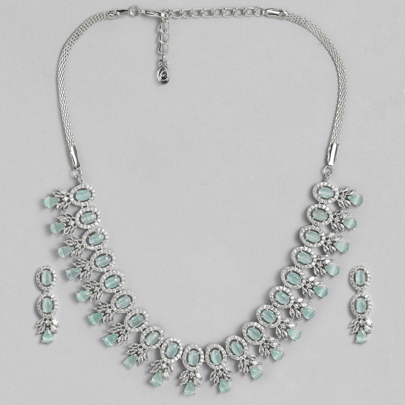 Estele Rhodium Plated CZ Exquisite Necklace Set with Mint Green Stones for Women