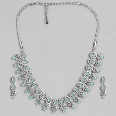 Estele Rhodium Plated CZ Exquisite Necklace Set with Mint Green Stones for Women