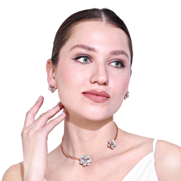 Estele Rose Collection Luxurious Lightweight White American Diamond Rose Motif Necklace Set with Rosegold FInish A Dazzling Gift of Eternal Love