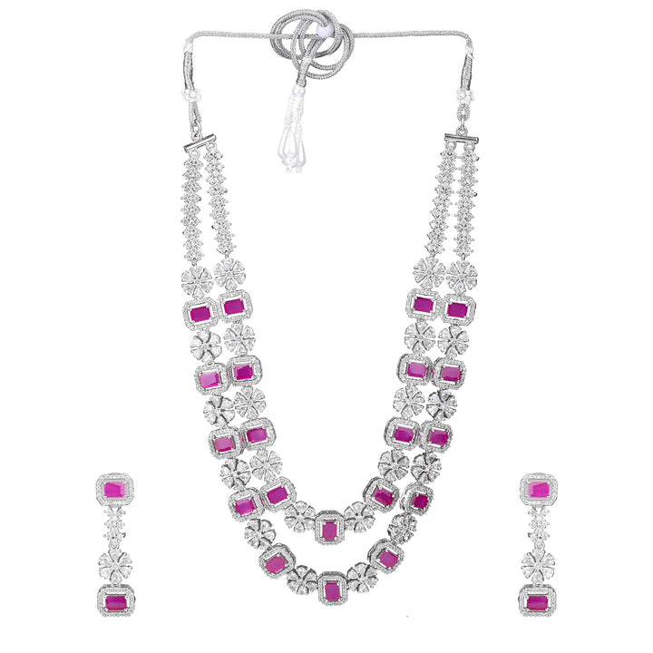 Estele Rhodium Plated CZ Captivating Double Layered Necklace Set with Ruby & White Crystals for Women