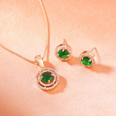 Estele Rose Gold Plated CZ Circular Designer Pendant Set with Green Stones for Women