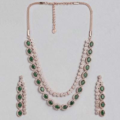 Estele Rose Gold Plated CZ Scintillating Necklace Set with Emerald & White Stones for Girls/Women