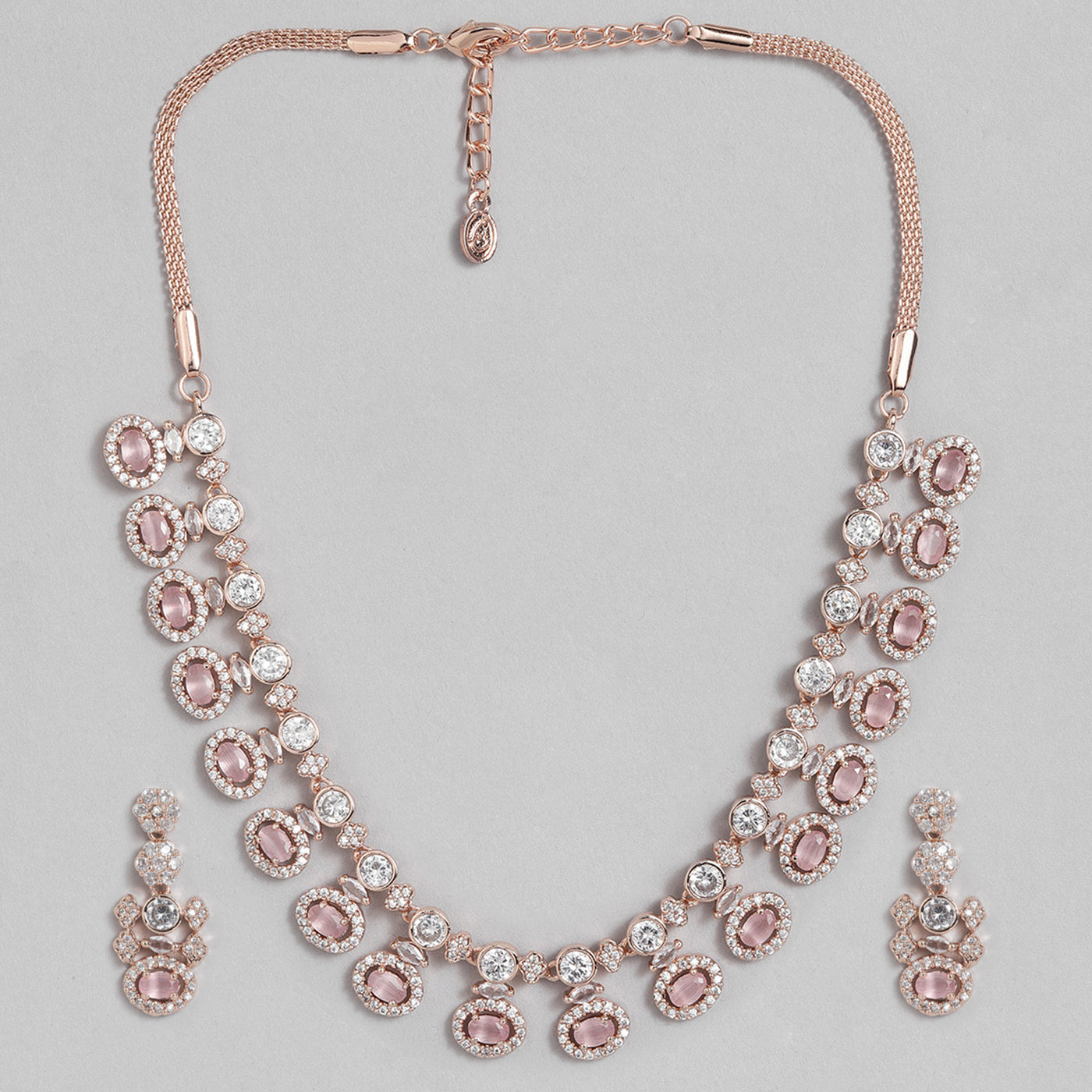 Estele Rose Gold Plated CZ Pleasant In Mint Pink Necklace Set for Women