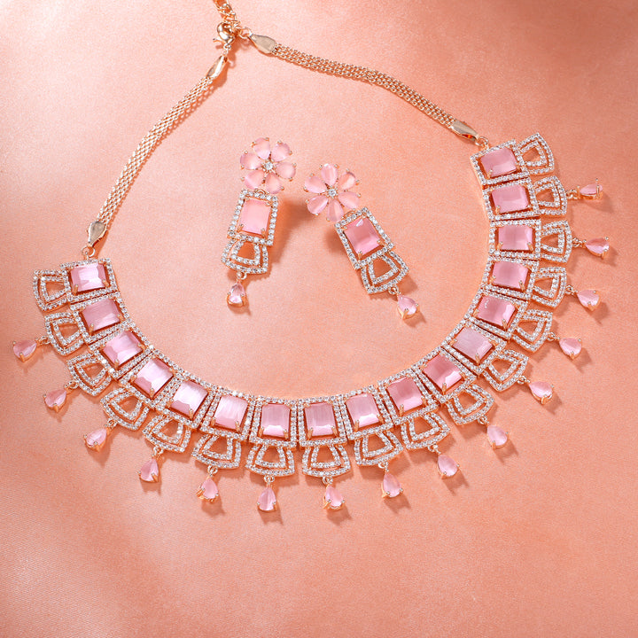 Estele Rose Gold Plated CZ Glimmering Dulhan Necklace Set with Mint Pink Stones for Women