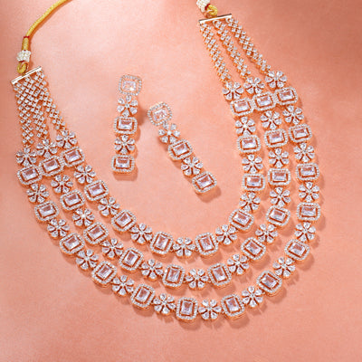 Estele Rose Gold Plated CZ Dazzling Three Layered Dulhan Necklace Set with White Stones for Women