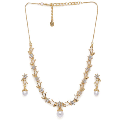 Estele Gold Plated Elegant Blossom Designer Necklace Set with White Crystals & Pearl for Women