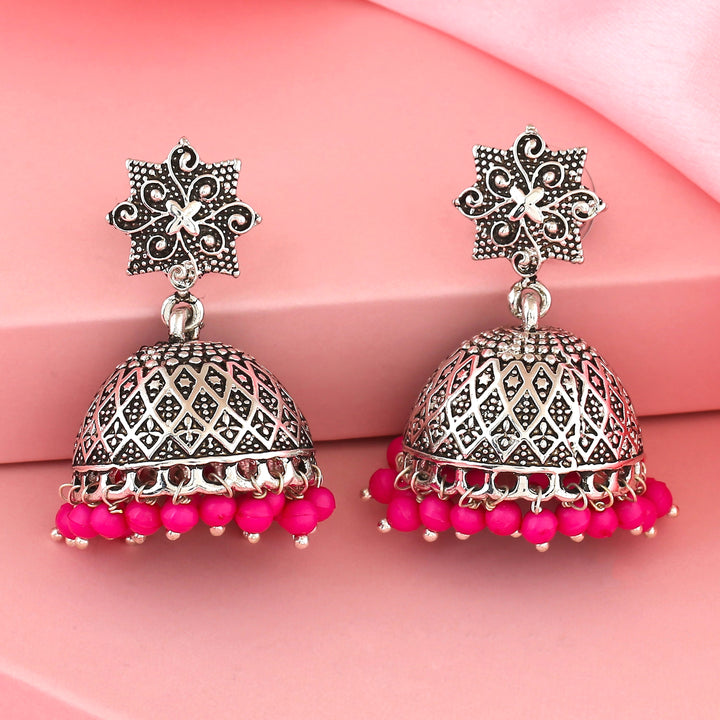 Oxidised Pink Beads Jhumki
