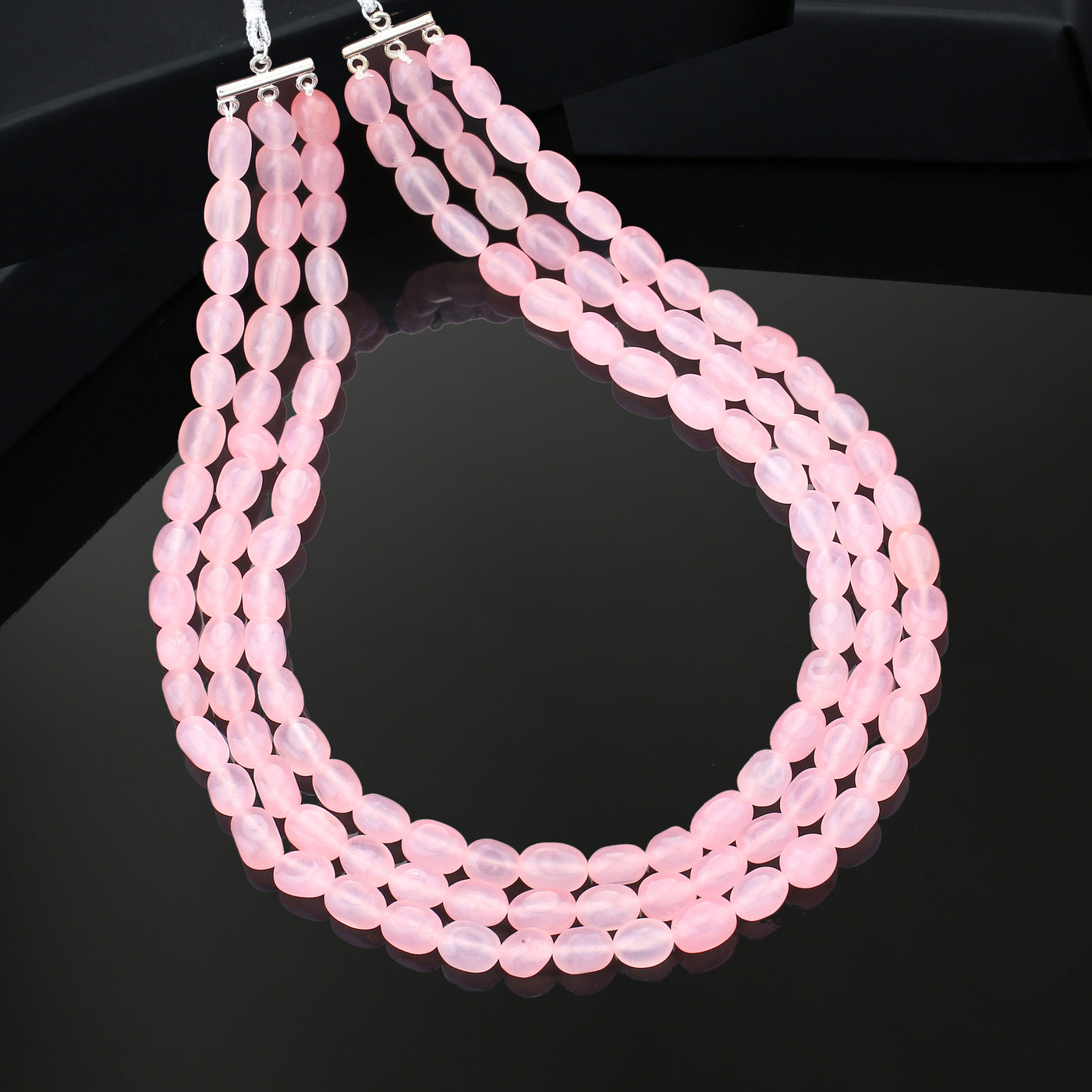 Estele Rhodium Plated Beautiful Designer Three Layered Necklace with Mint Pink Beads for Girls/Women