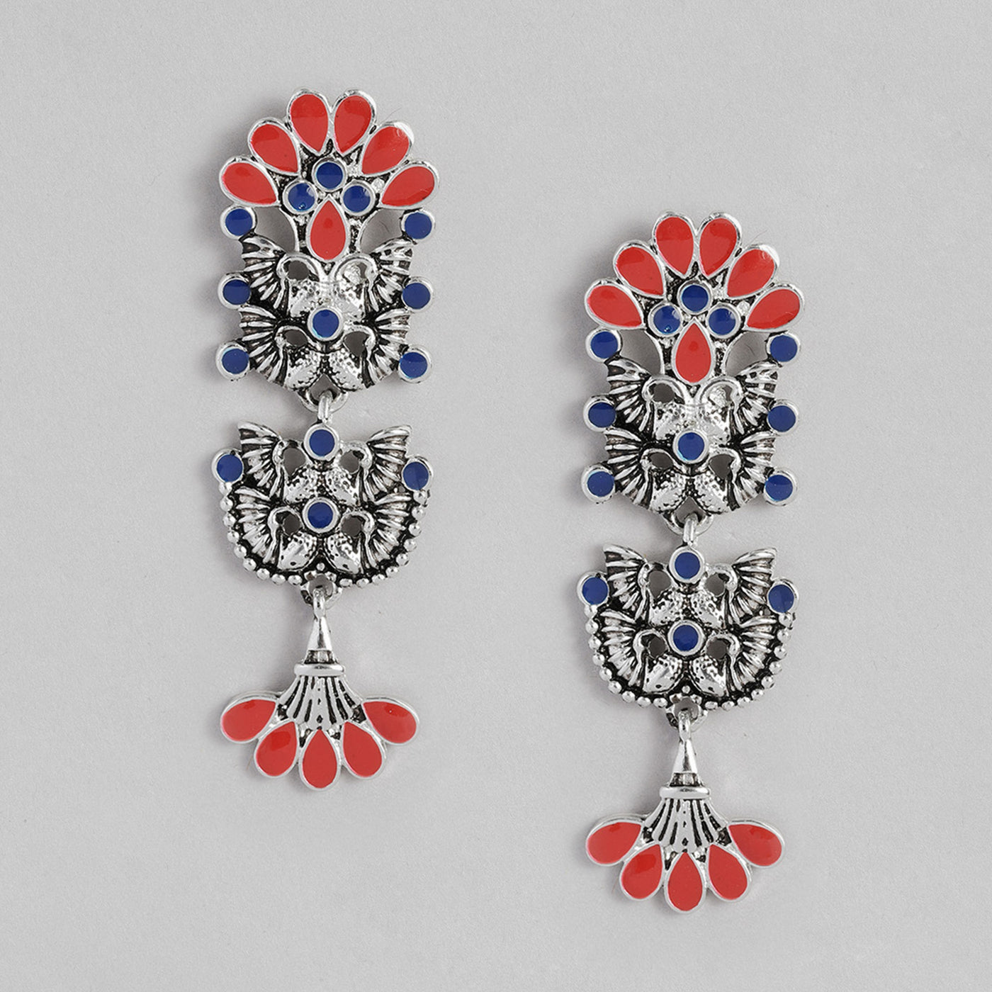Silver Oxidised Multicolour Meenakari Floral Earrings