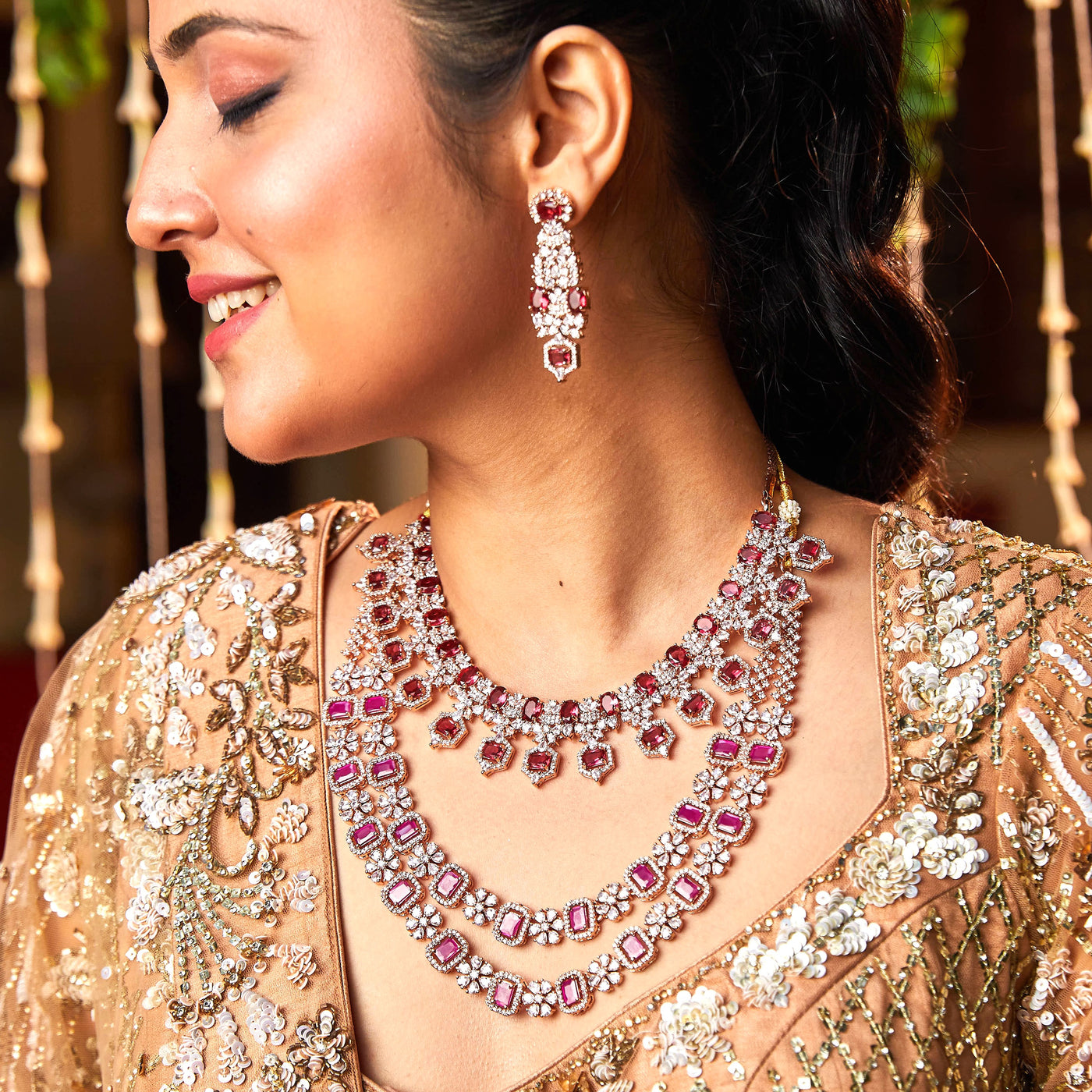 Estele Rose Gold Plated CZ Sparkling Dulhan Combo Necklace Set with Ruby Stones for Women(Set of 2)