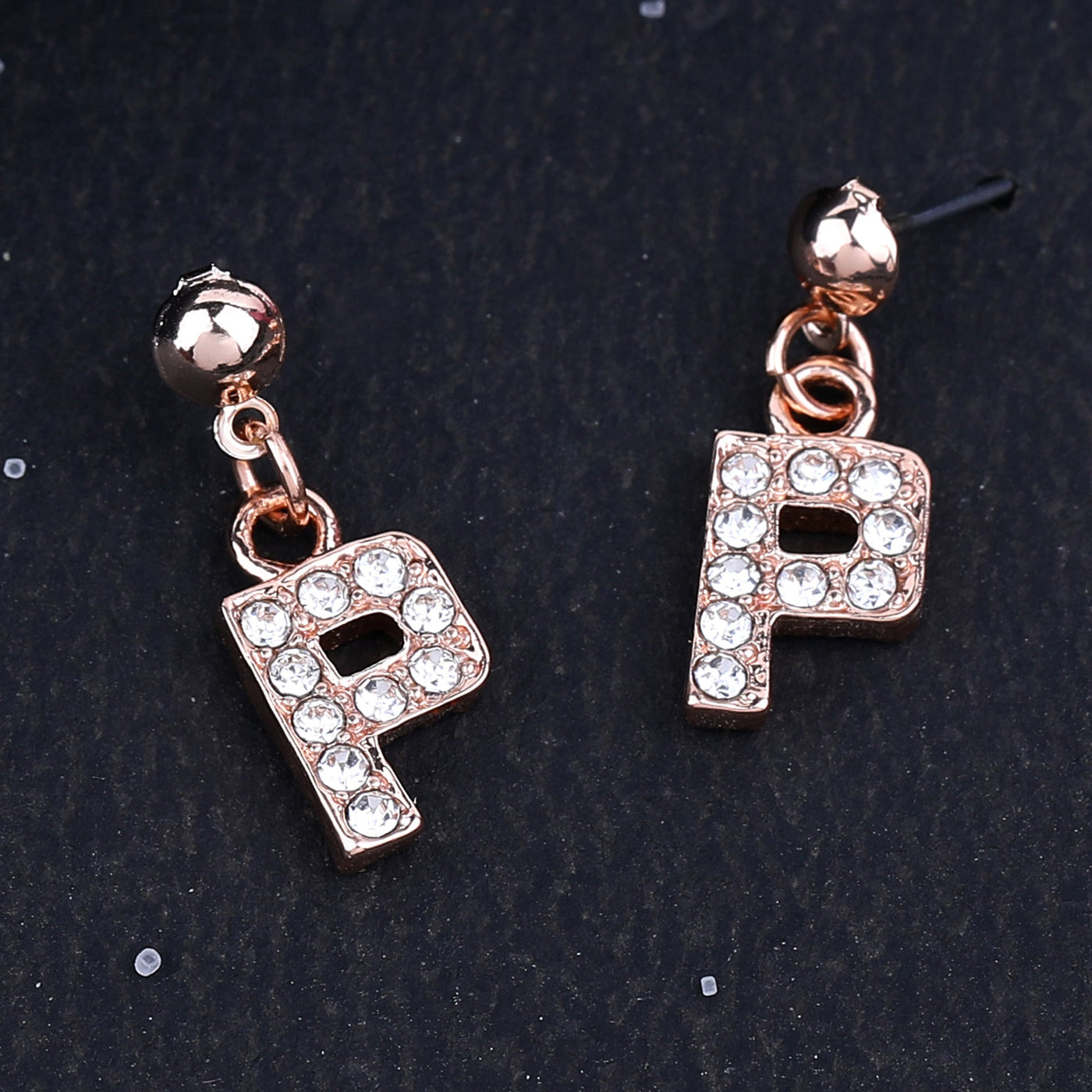 Estele Rose Gold Plated Magnificent Medium 'P' Letter Earrings with Crystals for Women