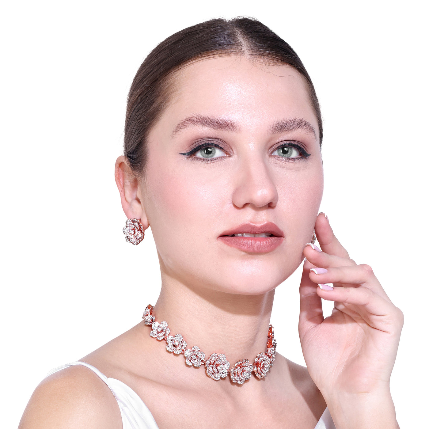 Estele Valentine Special Luxurious Rosegold Plated Rose Motifs Necklace Set with Sparkling White Austrian Crystals A Beautiful Gift of Eternal Gift