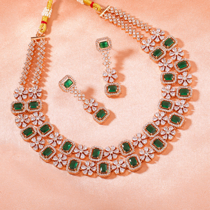 Estele Rose Gold Plated CZ Dazzling Double Layered Designer Necklace Set with Green & White Crystals for Women