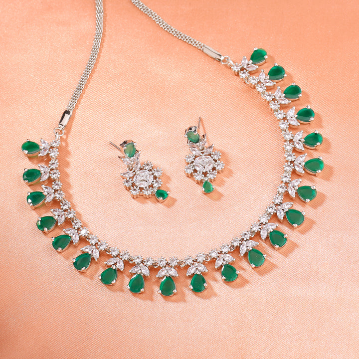 Estele Rhodium Plated CZ Glamorous Necklace Set with Green Stones for Women