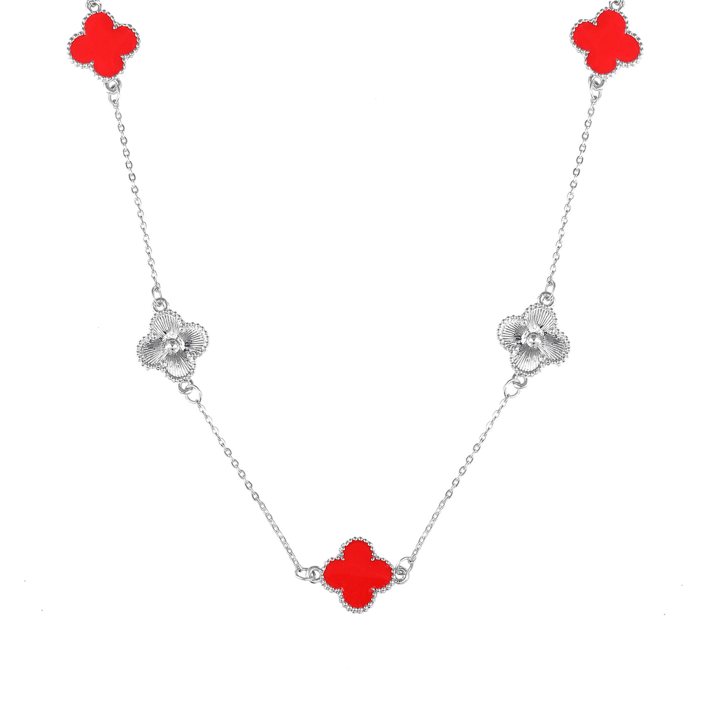 Estele Rhodium Plated Red Enamel Captivating Four Leafy Designed Long Pendant Necklace with Adjustable Chain for Women and Girls