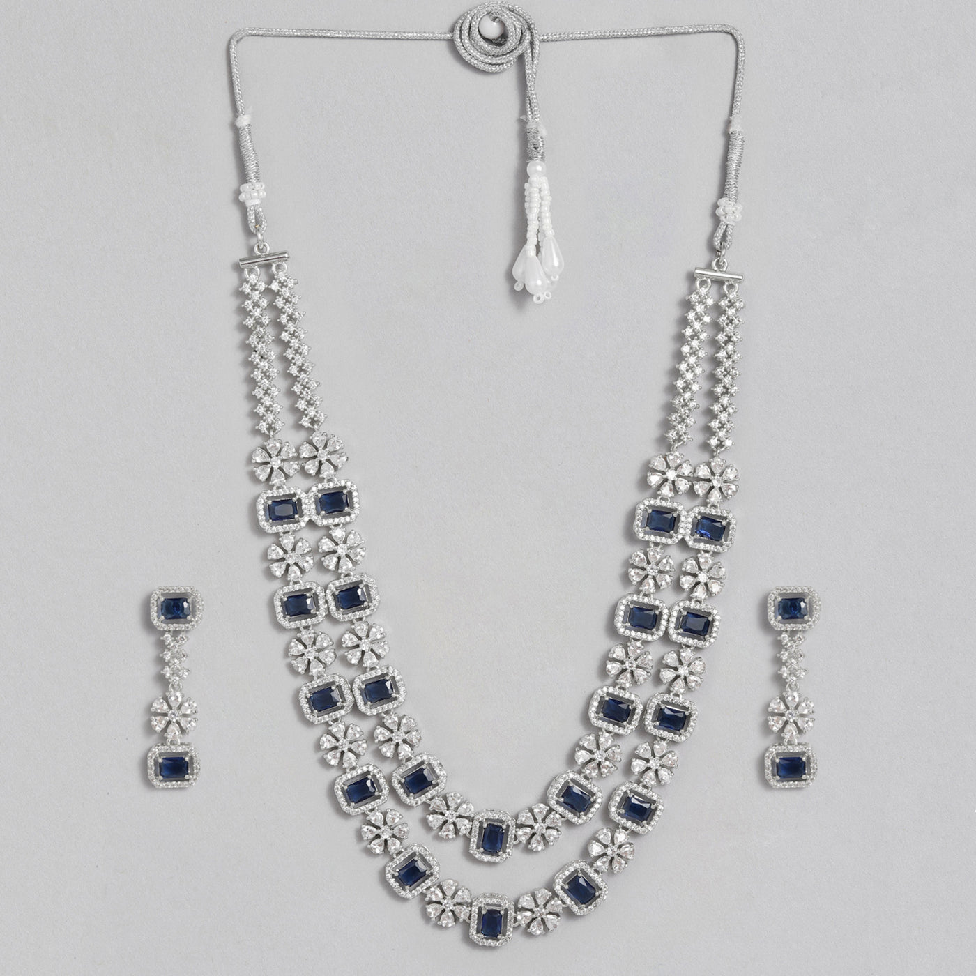 Estele Rhodium Plated CZ Astonishing Double Layered Necklace Set with Blue Stones for Women