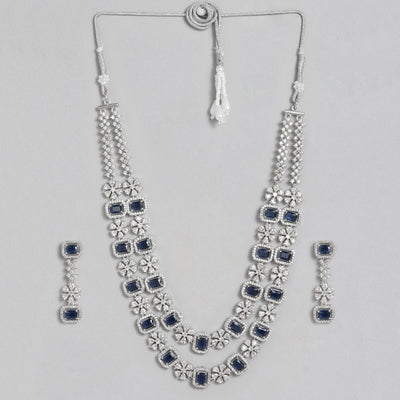 Estele Rhodium Plated CZ Astonishing Double Layered Necklace Set with Blue Stones for Women