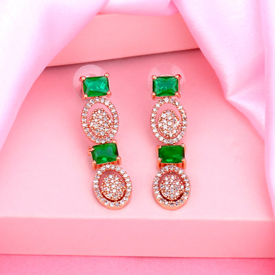 Estele Rose Gold Plated CZ Splendid Earrings with Green Crystals for Women