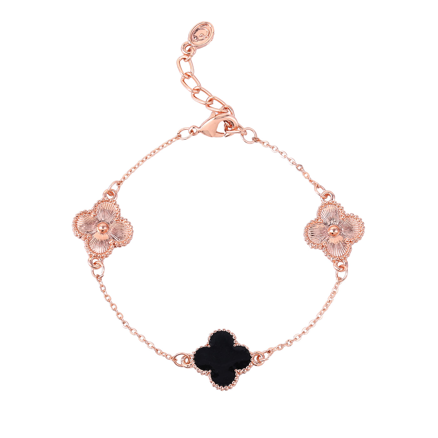 Estele Rosegold Plated Splendid Black Clover Leaf Designer Adjustable Charm Bracelet for Girls and Women