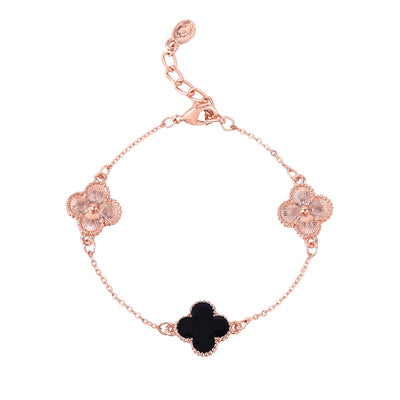 Estele Rosegold Plated Splendid Black Clover Leaf Designer Adjustable Charm Bracelet for Girls and Women