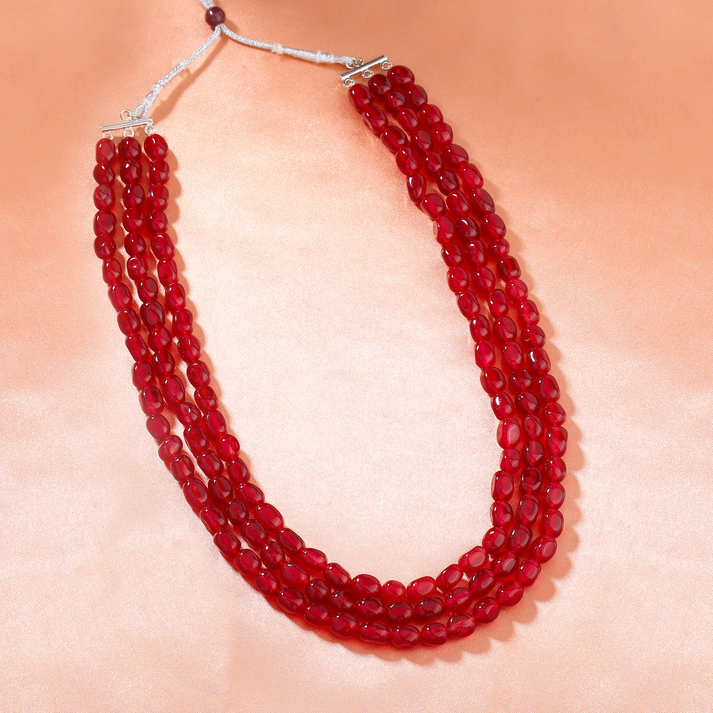 Estele Rhodium Plated Marvelous Designer Three Layered Necklace with Ruby Beads for Girls and Women