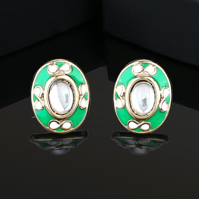 Estele Non-Precious Metal Gold Plated Green Enamel Oval kundan Stud Earrings for Girls/Womens