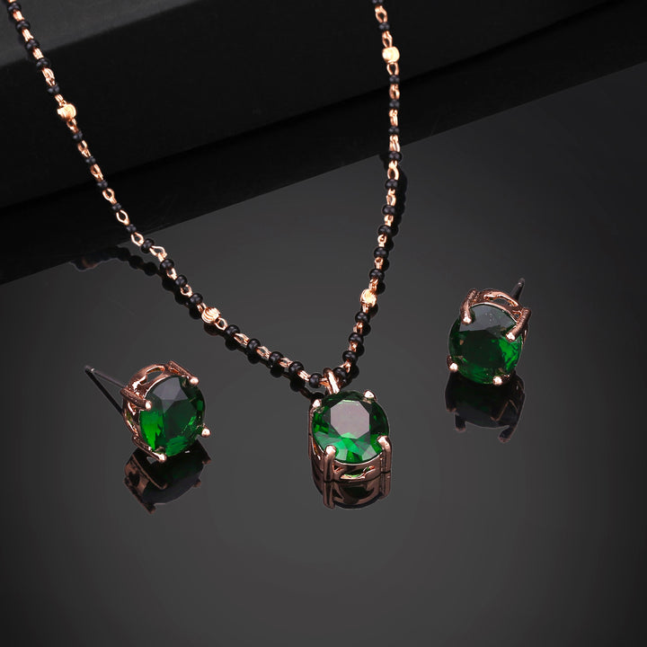 Estele Rose Gold Plated CZ Elegant Round Designer Mangalsutra Necklace Set with Emerald Stones for Women