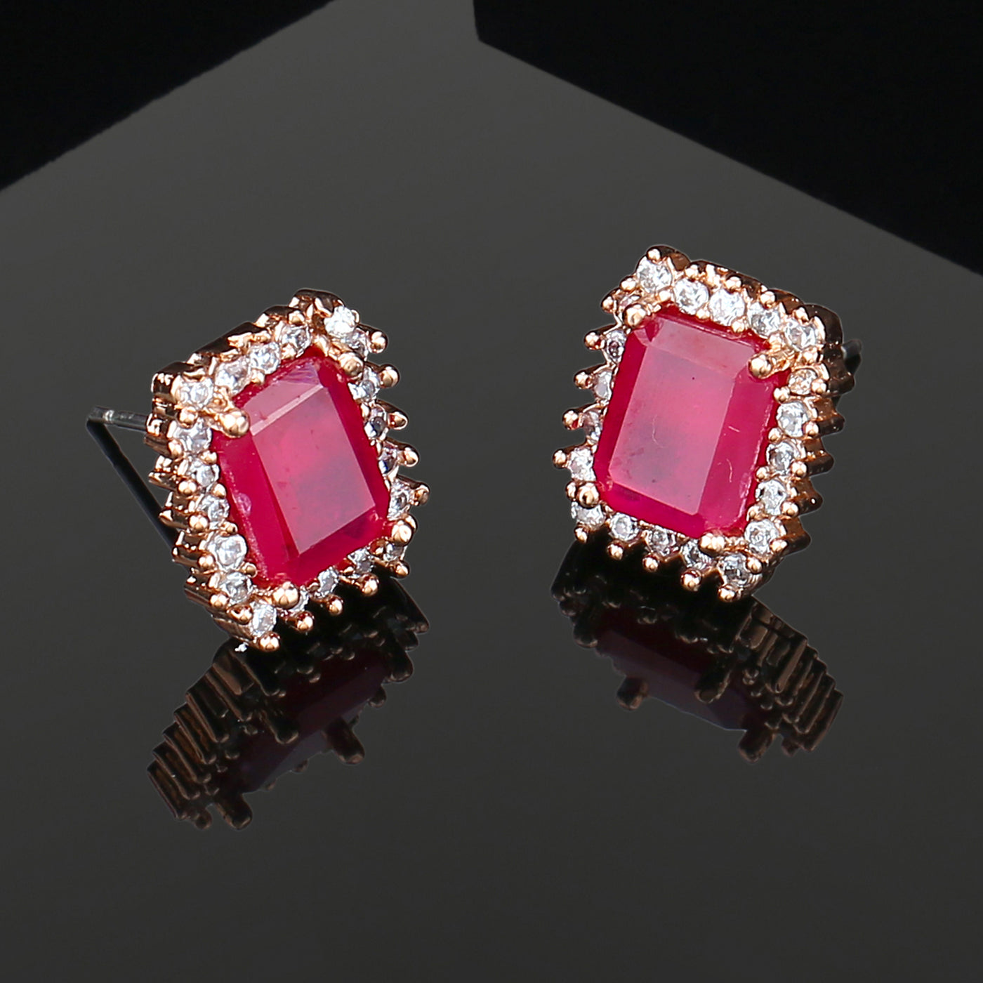 Estele Rose Gold Plated CZ Square Designer Stud Earrings with Ruby Stones for Women